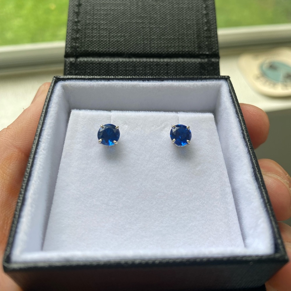 Beautiful Birthstone Lab Created Sapphire Earrings 14K White Gold